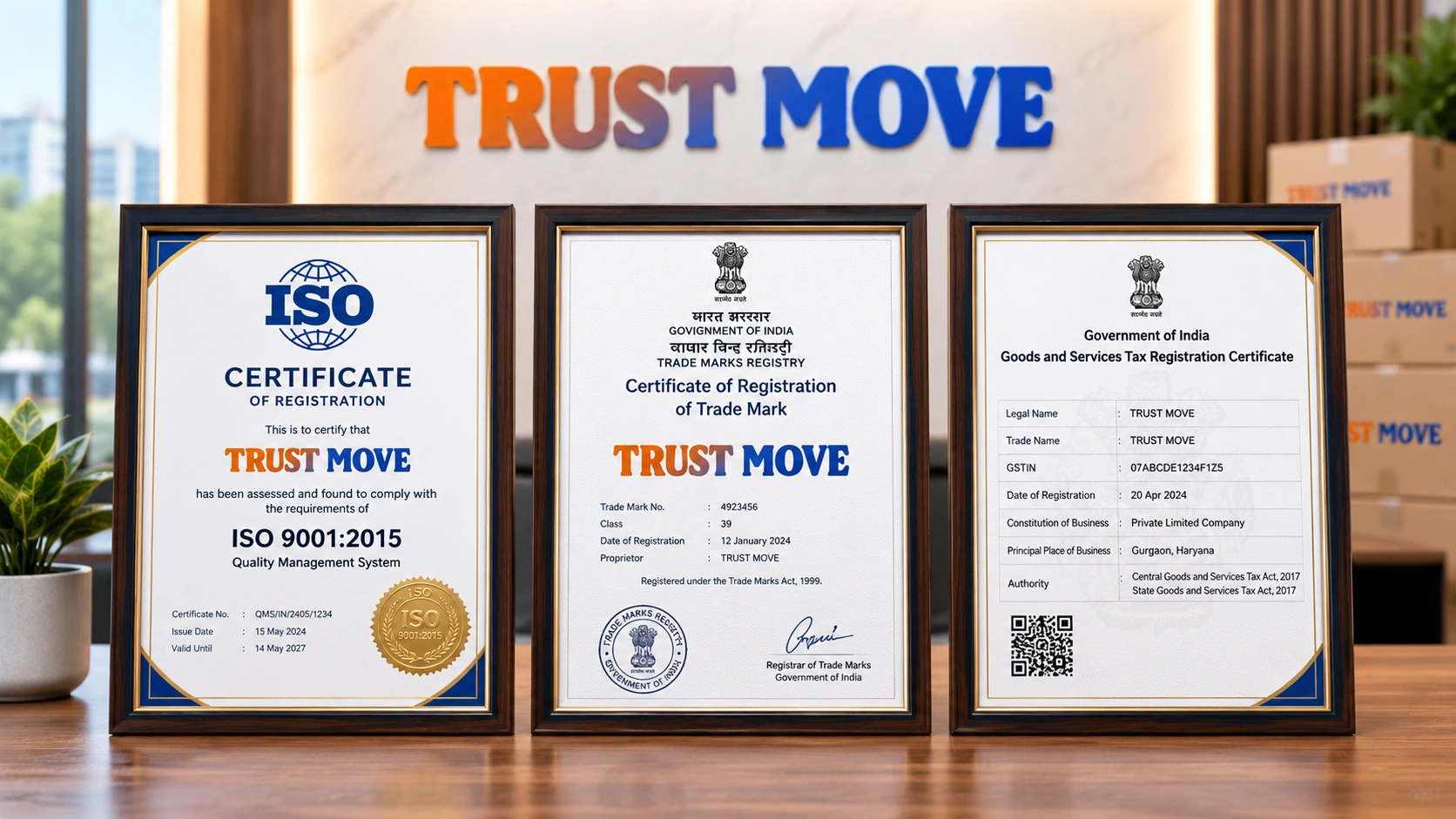 Trust Move ISO certificate, trademark registration and GST registration displayed together