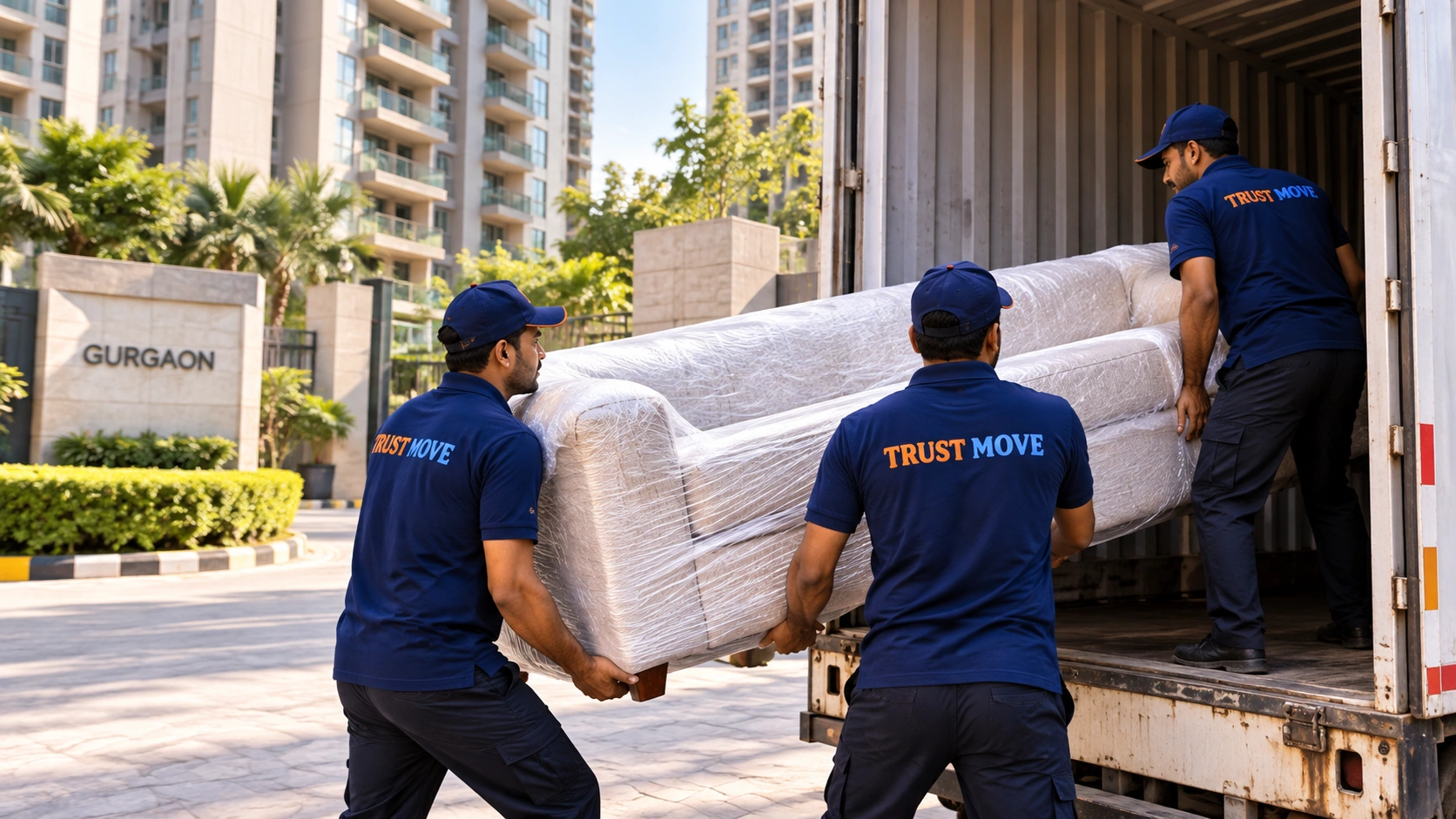 Trust Move crew loading a wrapped sofa into a closed container outside a Gurgaon high-rise society