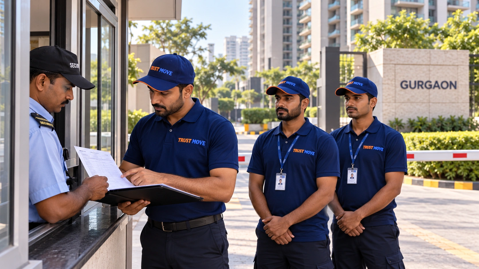 Trust Move supervisor checking the society gate pass and crew ID list with security at a Gurgaon condominium